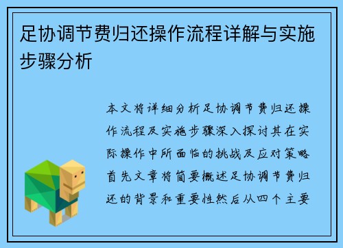 足协调节费归还操作流程详解与实施步骤分析